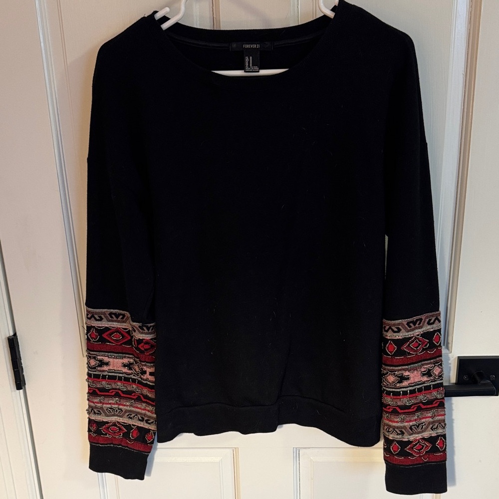 Black Sweater with Red Southwestern Patterned Beaded Sleeves